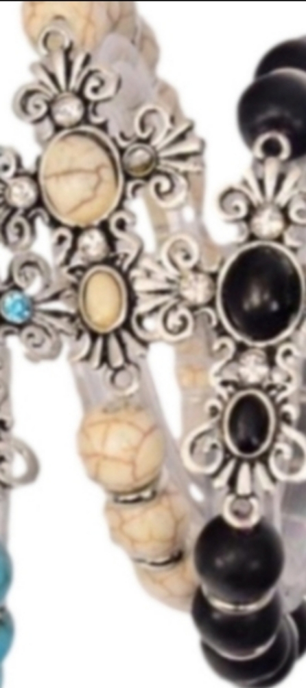 Silver Cross Bracelet IVORY WHITE semi-precious stones crackle beads.